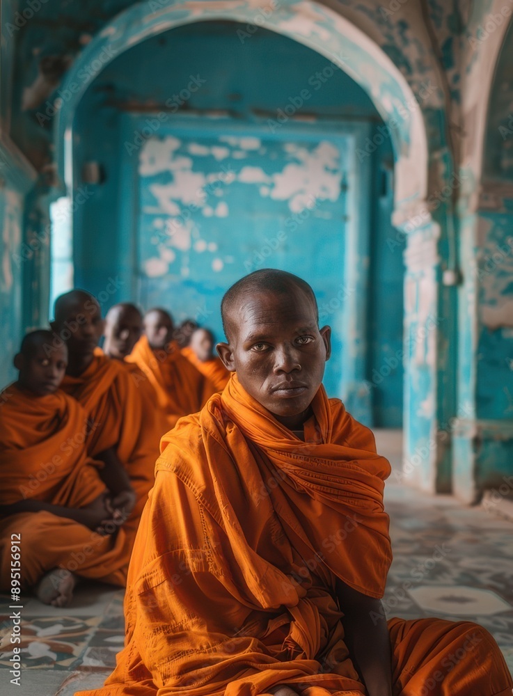 Naklejka premium A group of monks dressed in orange robes sit together in meditation.