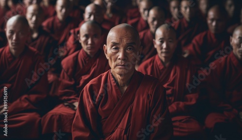 Wallpaper Mural A group of monks dressed in red robes sit together in meditation. Torontodigital.ca