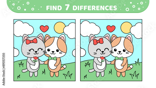Find 7 differences. Cats on the walking. Game for kids. Cartoon, vector