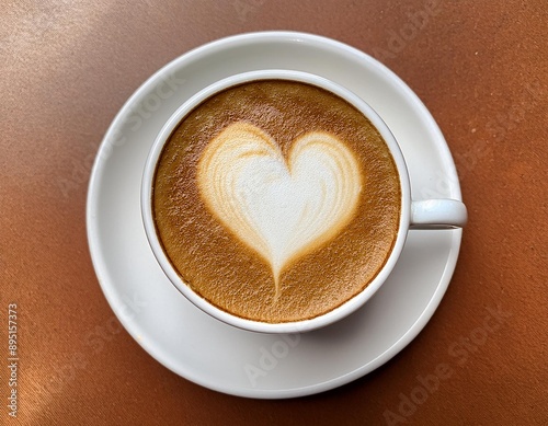 A classic cappuccino with a heart-shaped latte art design on top of the frothy milk.