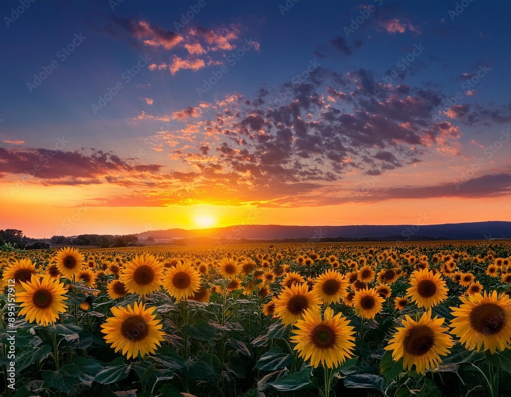 Fototapeta premium A colorful sunset over a sunflower field, with the flowers turning towards the fading light.