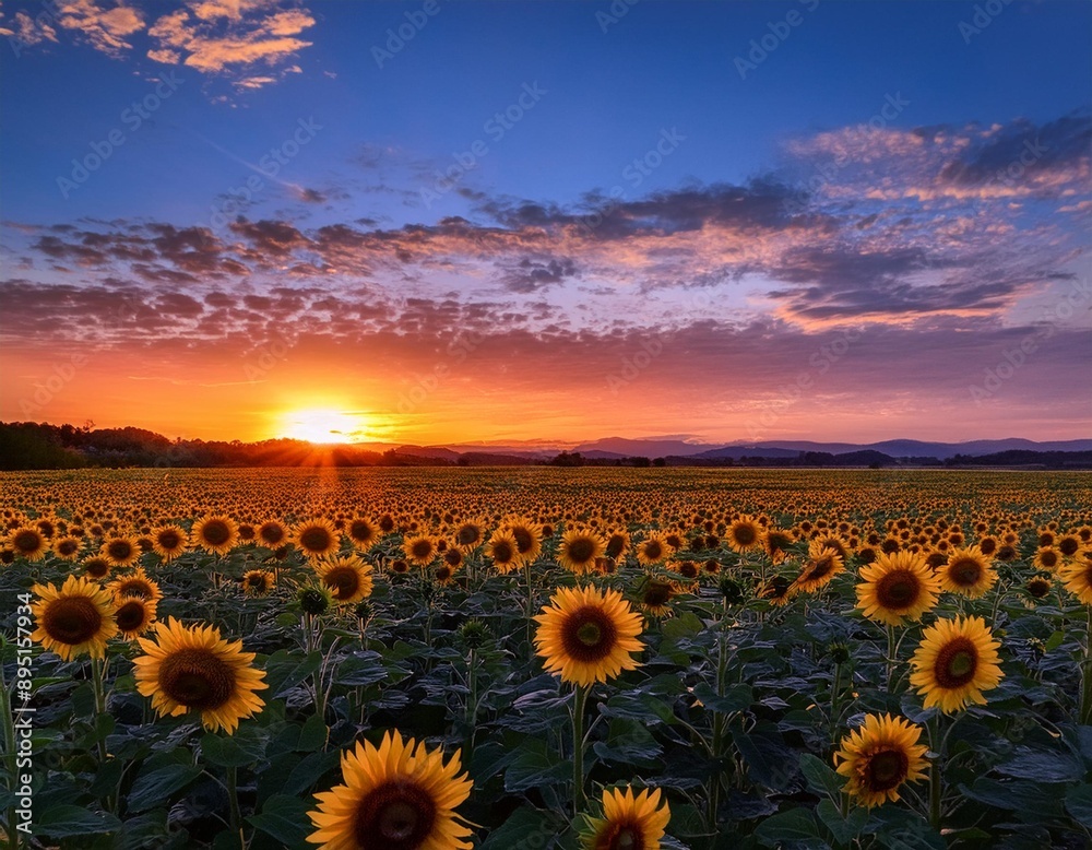 Obraz premium A colorful sunset over a sunflower field, with the flowers turning towards the fading light.