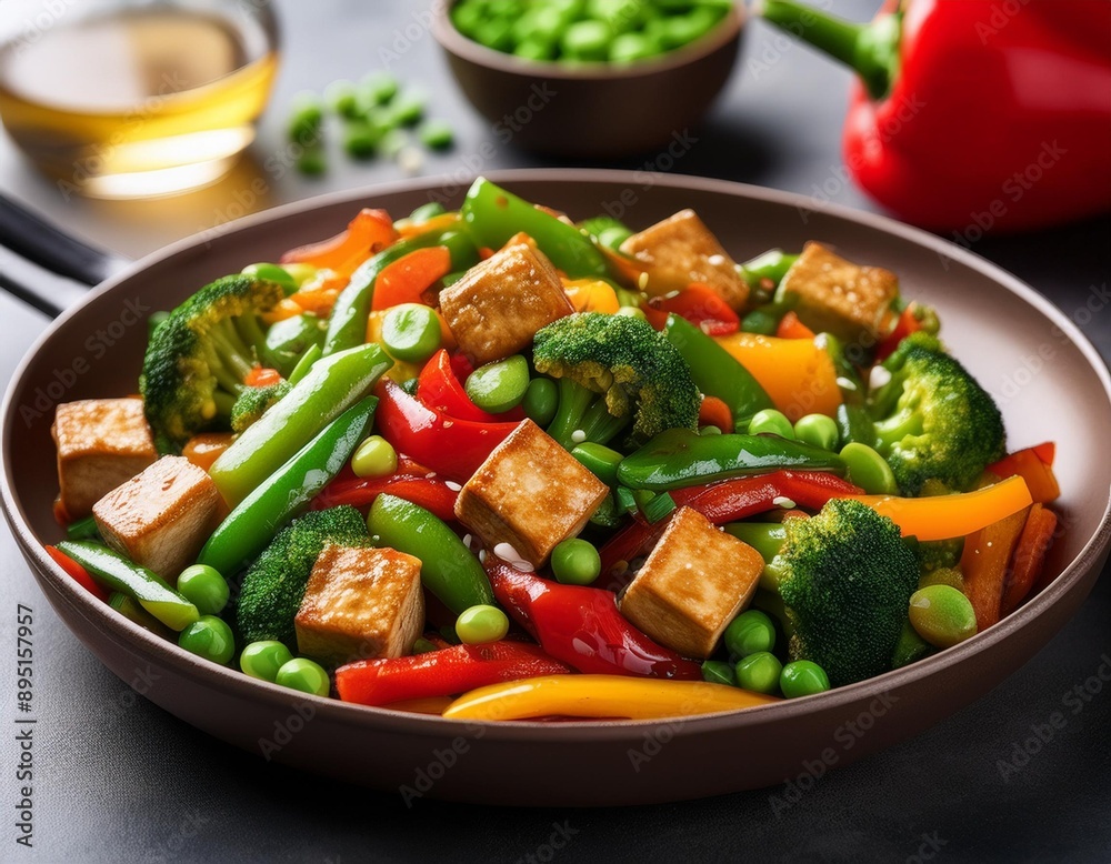 A colorful vegetable stir-fry with bell peppers, broccoli, snap peas, and tofu in a savory A colorful vegetable stir-fry with bell peppers, broccoli, snap peas, and tofu in a savory