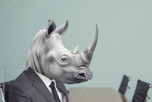 A rhinoceros in a business suit is giving a presentation in a ghostly boardroom with copy space photo