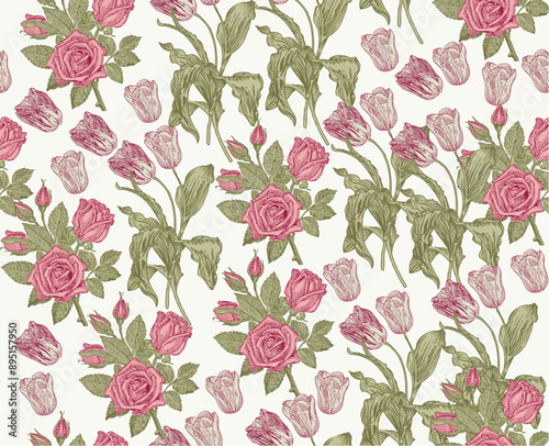 Seamless pattern. Beautiful fabric blooming realistic isolated flowers. Vintage background. Rose primrose primula wildflowers. Wallpaper baroque bouquet Drawing engraving Vector victorian Illustration