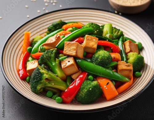 A colorful vegetable stir-fry with bell peppers, broccoli, snap peas, and tofu in a savory