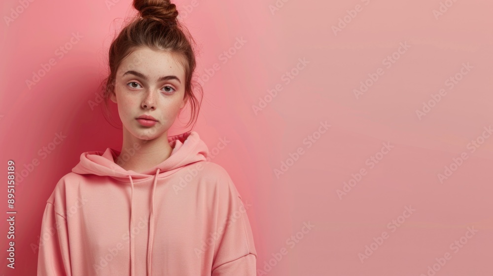 Woman in pink hoodie posing Woman in pink hoodie posing
