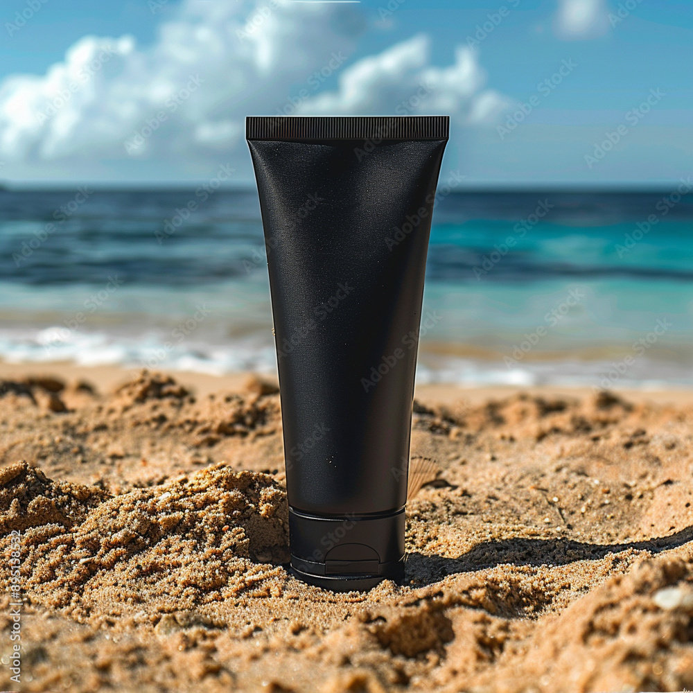 Template of a tube of sun cream on the background of the beach with the sea, cosmetics Template of a tube of sun cream on the background of the beach with the sea, cosmetics