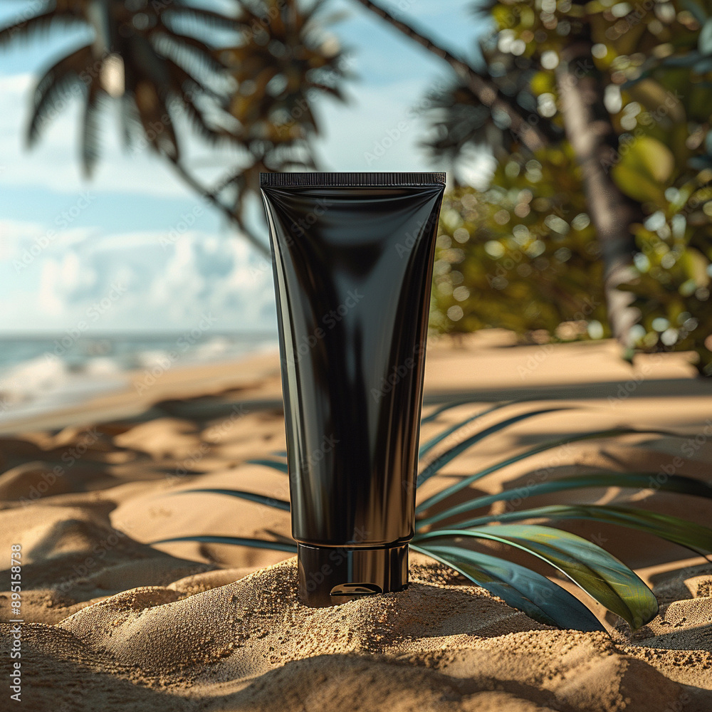 Template of a tube of sun cream on the background of the beach with the sea, cosmetics Template of a tube of sun cream on the background of the beach with the sea, cosmetics