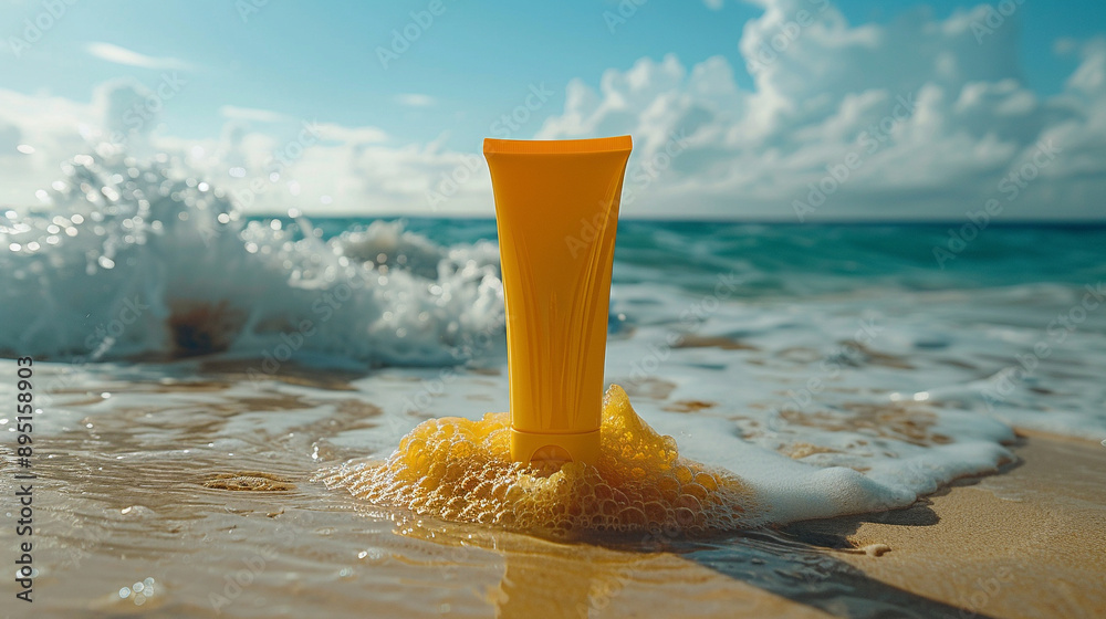 Template of a tube of sun cream on the background of the beach with the sea, cosmetics Template of a tube of sun cream on the background of the beach with the sea, cosmetics