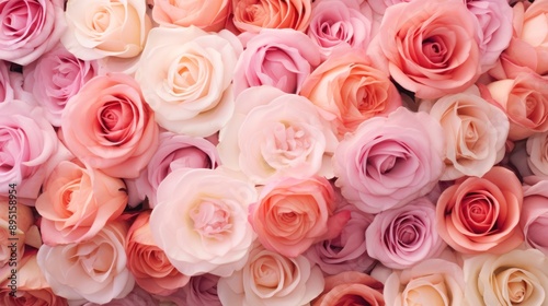 Pink and white roses in a bridal bouquet as a background