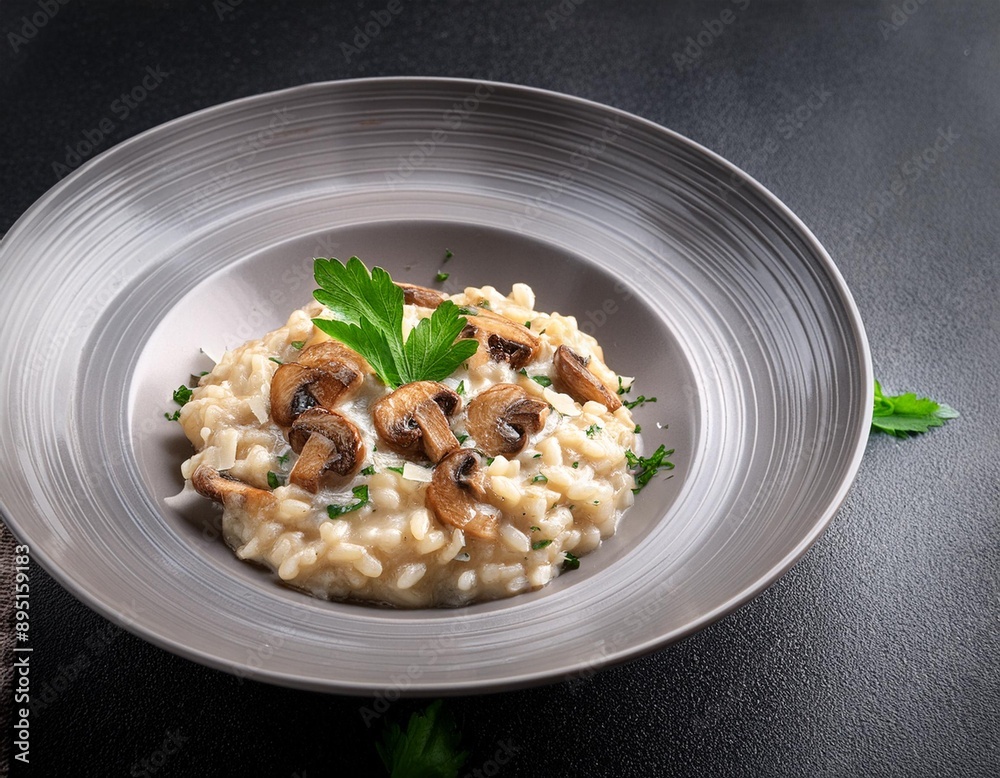 A dish of creamy risotto with mushrooms, Parmesan cheese, and a garnish of fresh parsley. A dish of creamy risotto with mushrooms, Parmesan cheese, and a garnish of fresh parsley.