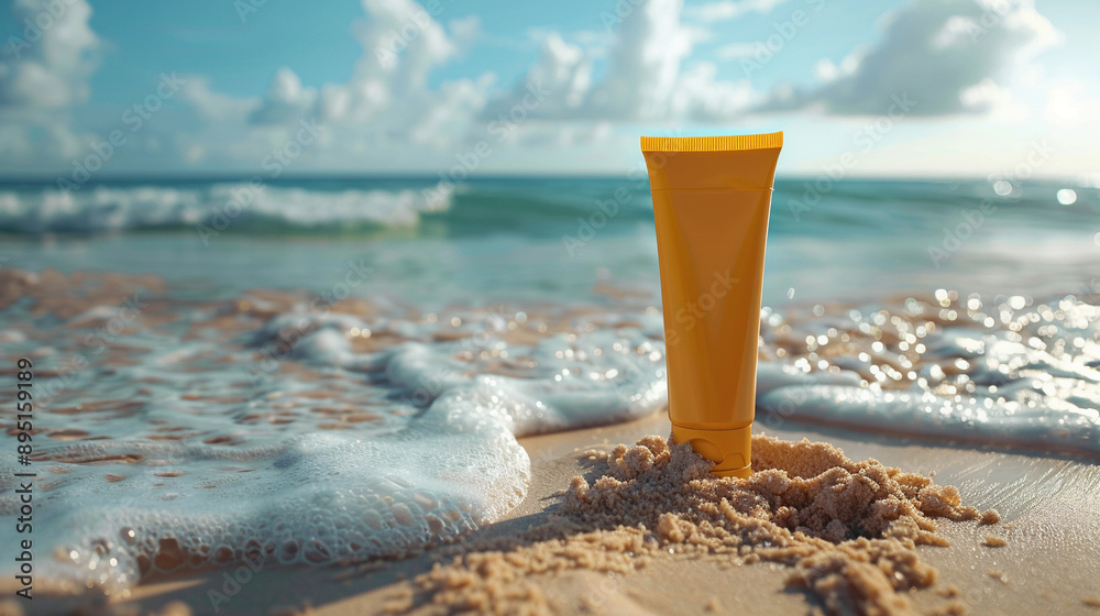 Template of a tube of sun cream on the background of the beach with the sea, cosmetics Template of a tube of sun cream on the background of the beach with the sea, cosmetics