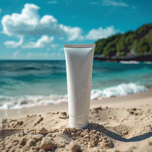 Template of a tube of sun cream on the background of the beach with the sea, cosmetics