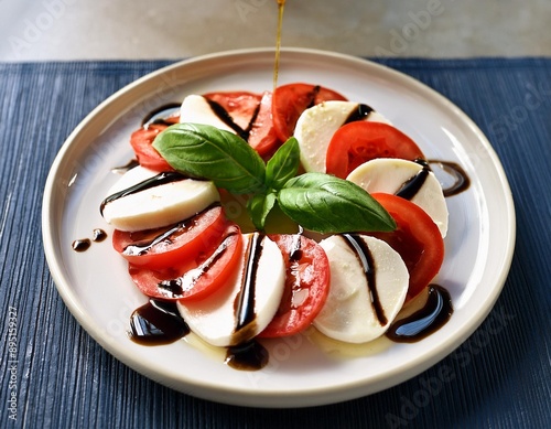 A fresh caprese salad with ripe tomatoes, mozzarella, basil leaves, and a drizzle of balsami. photo