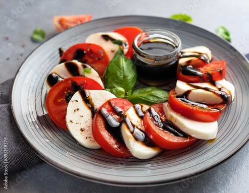 A fresh caprese salad with ripe tomatoes, mozzarella, basil leaves, and a drizzle of balsami. photo