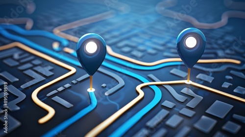 Ai powered gps innovation dual pins mark advanced delivery services on digital logistics map