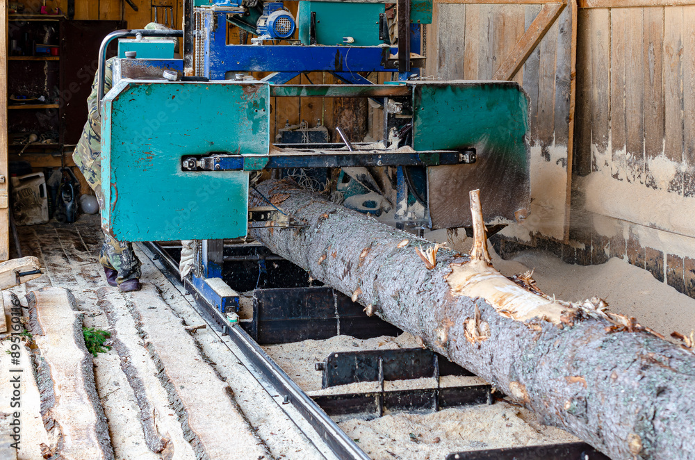 A modern sawmill. Industrial sawing of planks from logs. A series of pictures A modern sawmill. Industrial sawing of planks from logs. A series of pictures