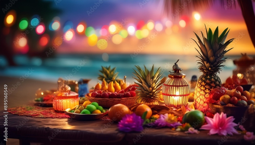 Party fruits and lamp lighting to enjoy at the sea Party fruits and lamp lighting to enjoy at the sea
