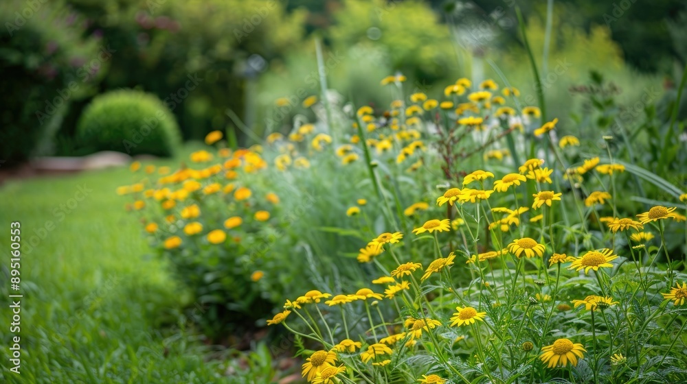 Obraz premium Yellow chamomile bush in a private home garden with green background
