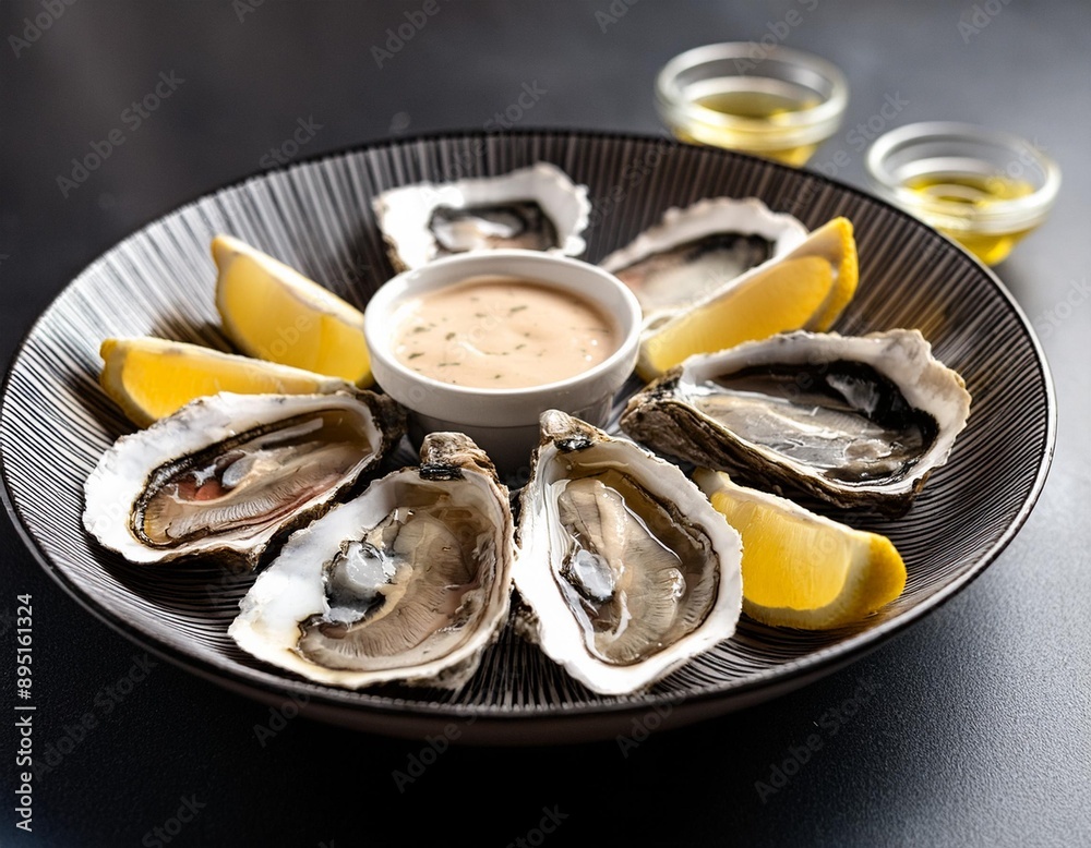 A plate of fresh oysters on the half shell with lemon wedges and a mignonette sauce. A plate of fresh oysters on the half shell with lemon wedges and a mignonette sauce.