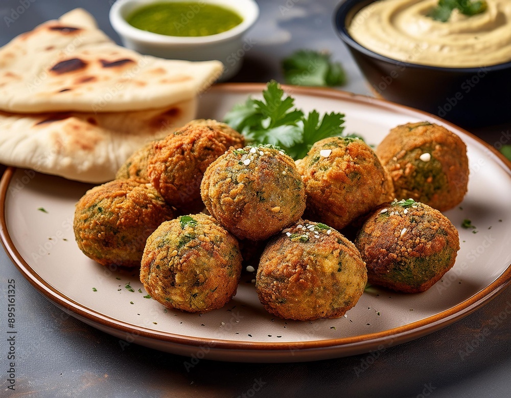 A plate of deliciously seasoned, crispy falafel served with hummus and pita bread.