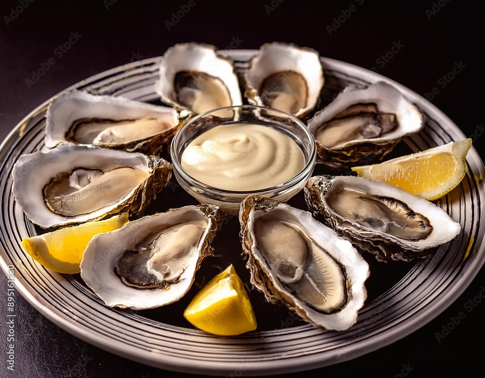 A plate of fresh oysters on the half shell with lemon wedges and a mignonette sauce. A plate of fresh oysters on the half shell with lemon wedges and a mignonette sauce.