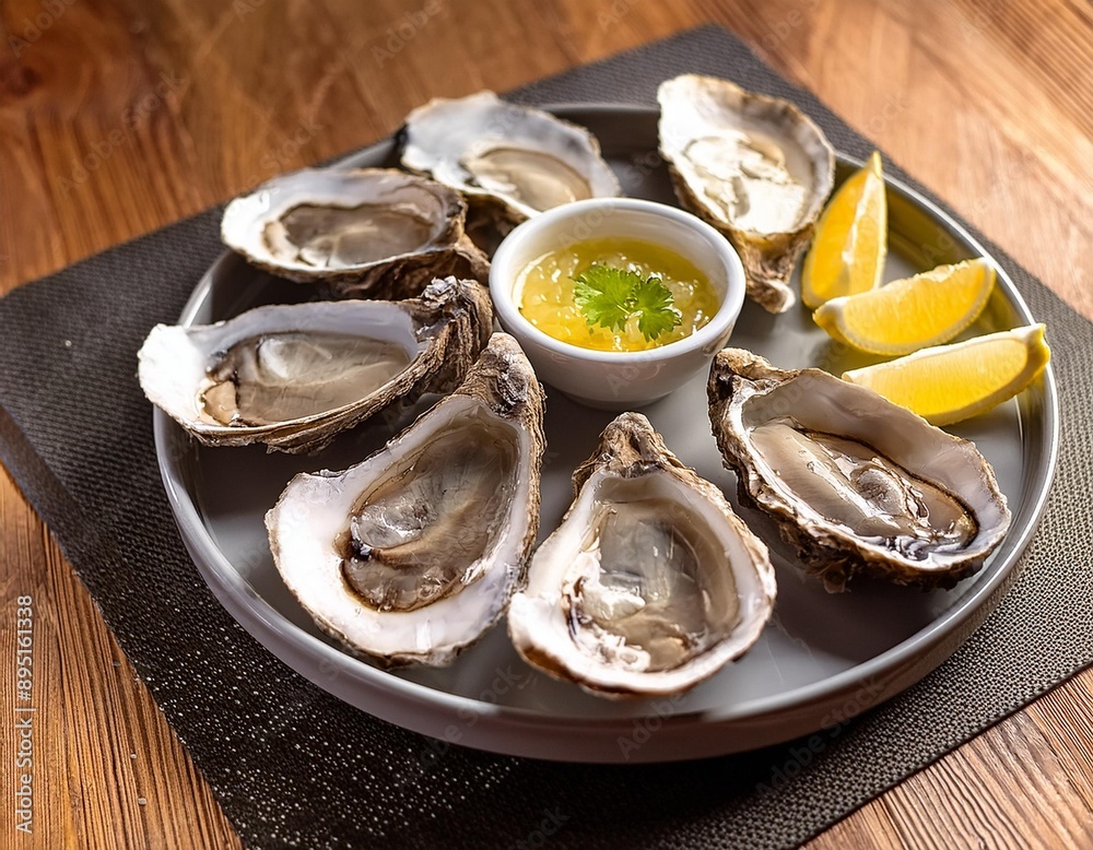 A plate of fresh oysters on the half shell with lemon wedges and a mignonette sauce. A plate of fresh oysters on the half shell with lemon wedges and a mignonette sauce.