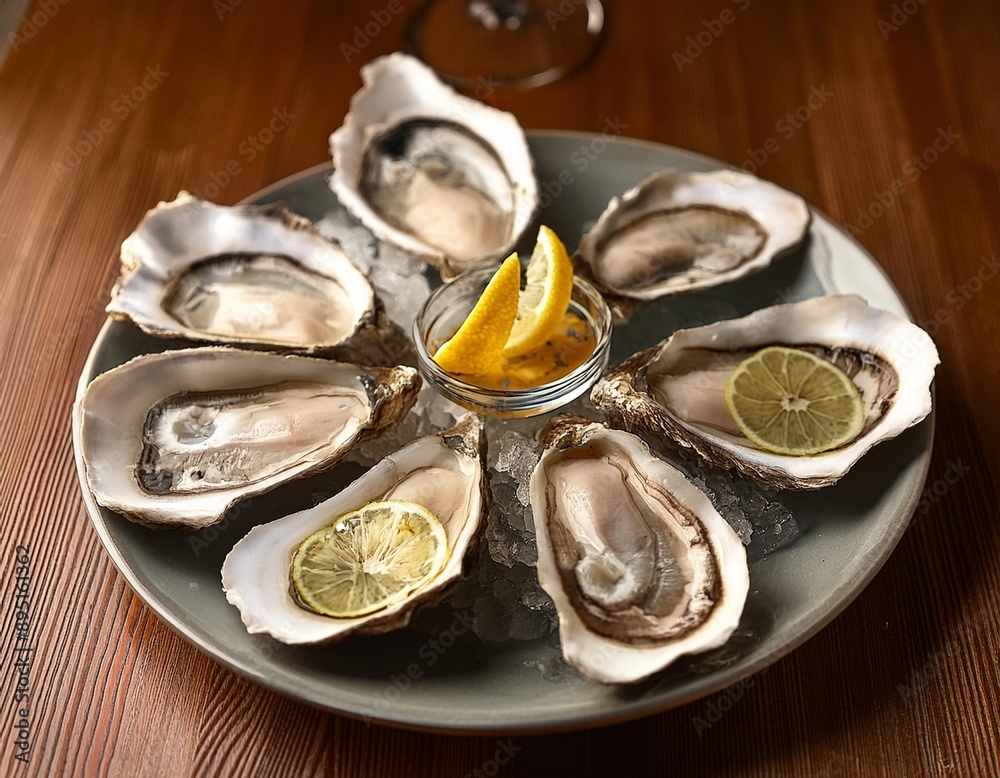 A plate of fresh oysters on the half shell with lemon wedges and a mignonette sauce. A plate of fresh oysters on the half shell with lemon wedges and a mignonette sauce.