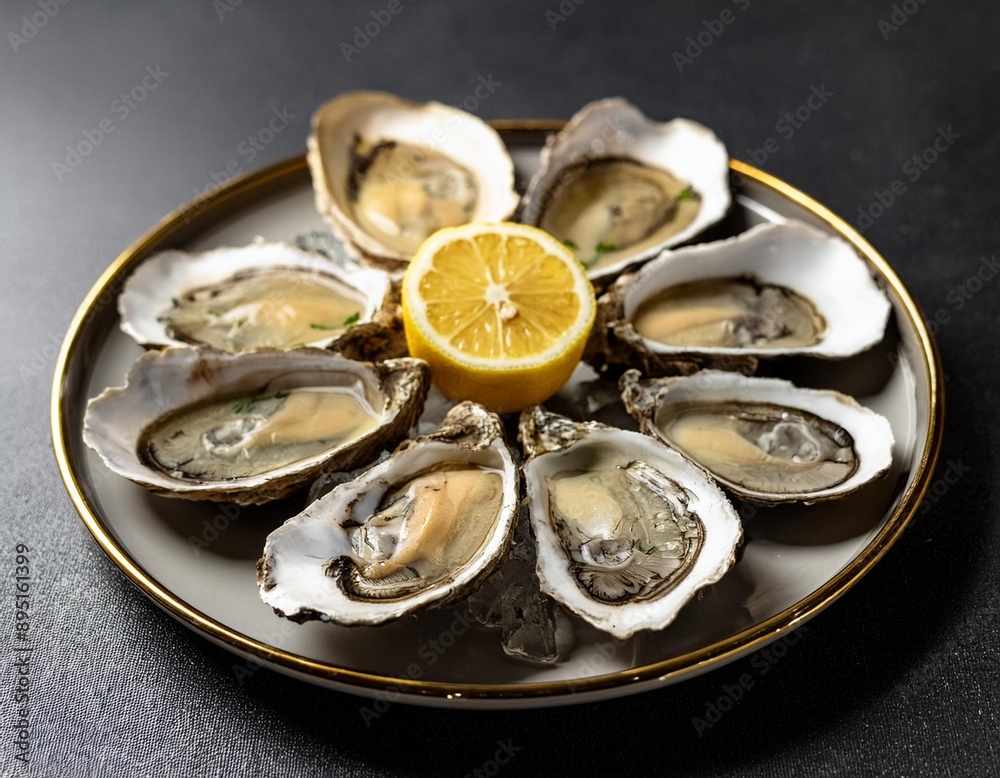 A plate of fresh oysters on the half shell with lemon wedges and a mignonette sauce. A plate of fresh oysters on the half shell with lemon wedges and a mignonette sauce.