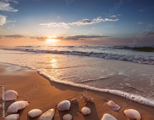 A quiet beach at dawn, with seashells scattered along the shore and gentle waves lapping photo