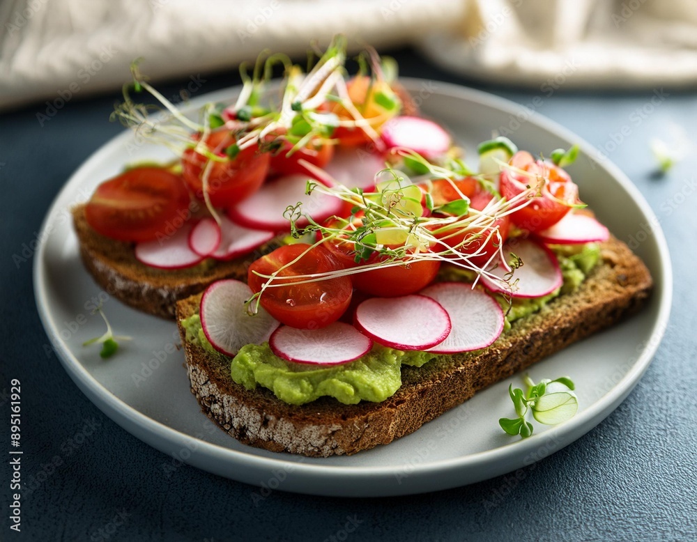 A rich and creamy avocado toast topped with cherry tomatoes, radish slices, and microgreens. A rich and creamy avocado toast topped with cherry tomatoes, radish slices, and microgreens.