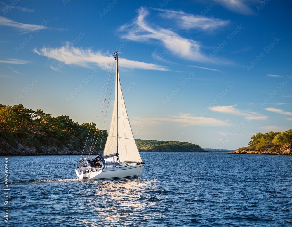 Obraz premium A sailboat gliding across a calm bay, with the sails catching the summer breeze and the sun