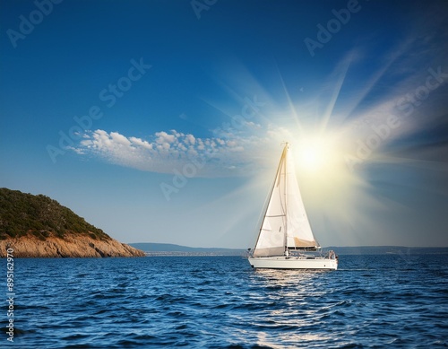 A sailboat gliding across a calm bay, with the sails catching the summer breeze and the sun photo