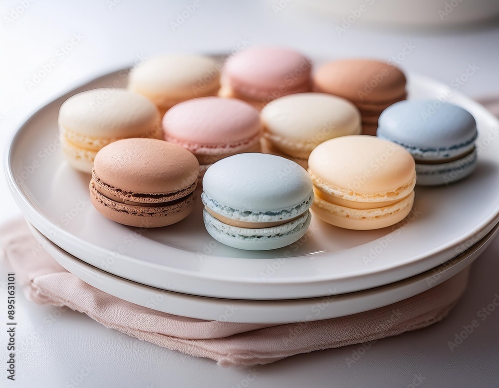 A selection of macarons in pastel colors, arranged neatly on a white plate. A selection of macarons in pastel colors, arranged neatly on a white plate.