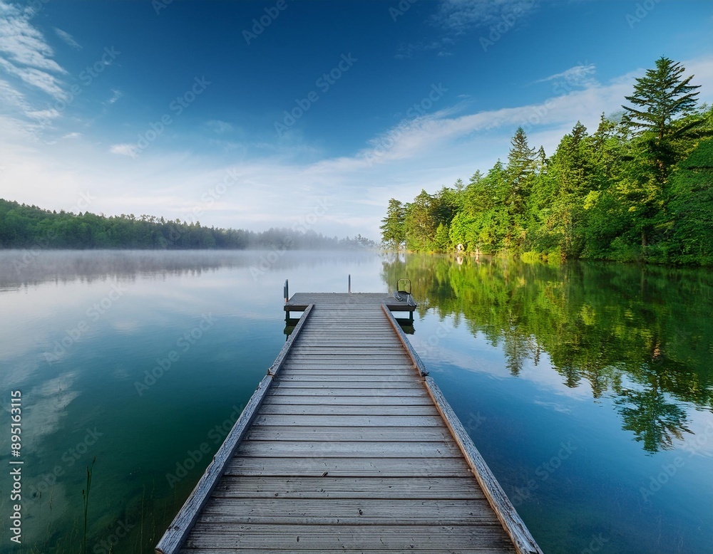 A serene lakeside scene with a wooden dock extending into the calm water, surrounded by lush A serene lakeside scene with a wooden dock extending into the calm water, surrounded by lush