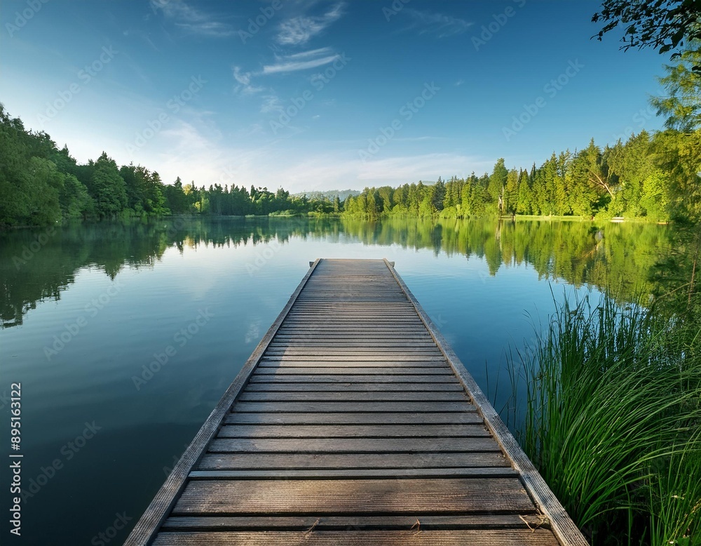 A serene lakeside scene with a wooden dock extending into the calm water, surrounded by lush