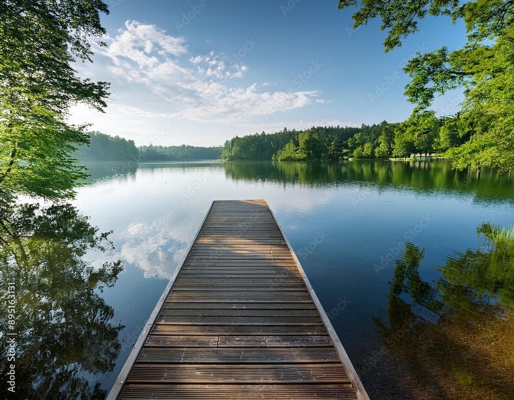 A serene lakeside scene with a wooden dock extending into the calm water, surrounded by lush A serene lakeside scene with a wooden dock extending into the calm water, surrounded by lush