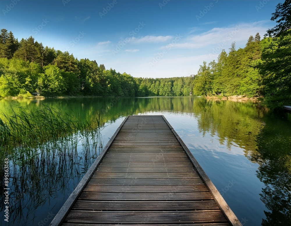 A serene lakeside scene with a wooden dock extending into the calm water, surrounded by lush A serene lakeside scene with a wooden dock extending into the calm water, surrounded by lush