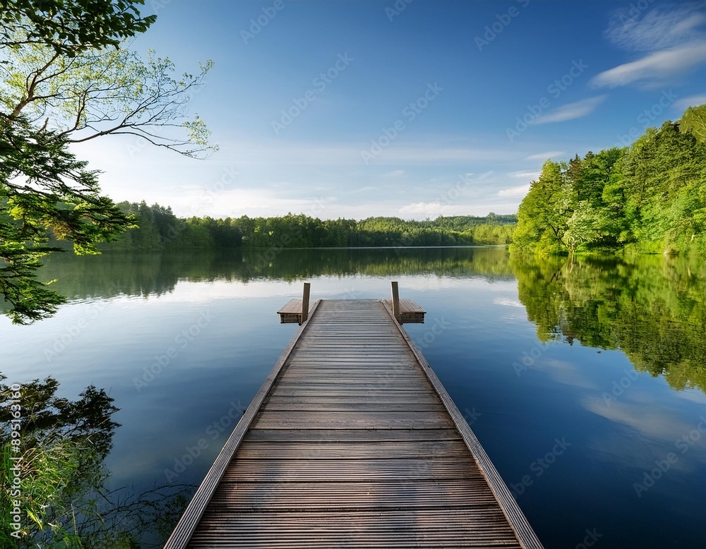 A serene lakeside scene with a wooden dock extending into the calm water, surrounded by lush A serene lakeside scene with a wooden dock extending into the calm water, surrounded by lush