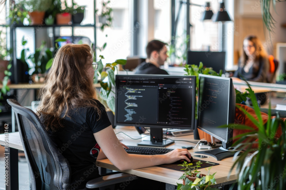 A person working on a computer in an open office with other people. Coworking concept A person working on a computer in an open office with other people. Coworking concept