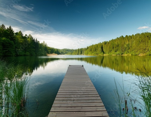 A serene lakeside scene with a wooden dock extending into the calm water, surrounded by lush