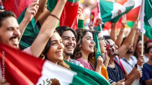 Crowds of people celebrating with mexican flags