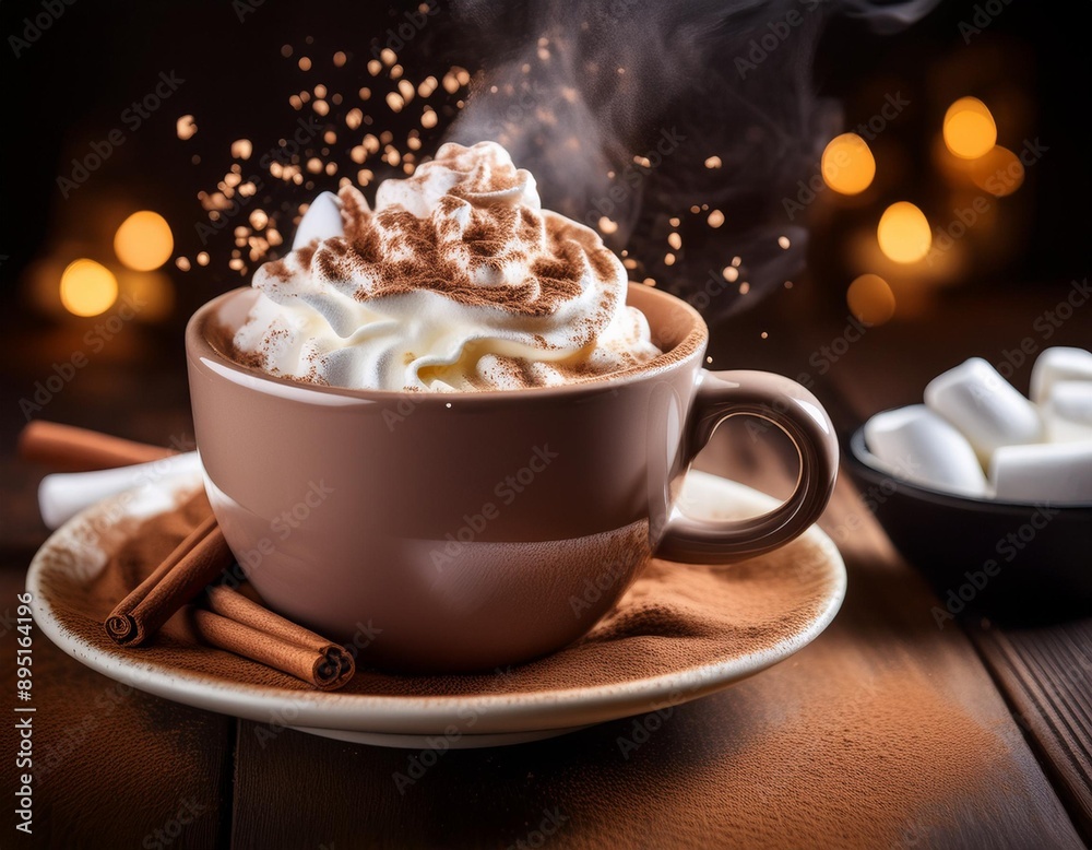 A steaming cup of hot chocolate with whipped cream, marshmallows, and a sprinkle of cocoa A steaming cup of hot chocolate with whipped cream, marshmallows, and a sprinkle of cocoa