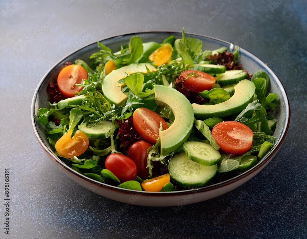 A vibrant summer salad with mixed greens, avocado, cherry tomatoes, cucumber, and a light A vibrant summer salad with mixed greens, avocado, cherry tomatoes, cucumber, and a light