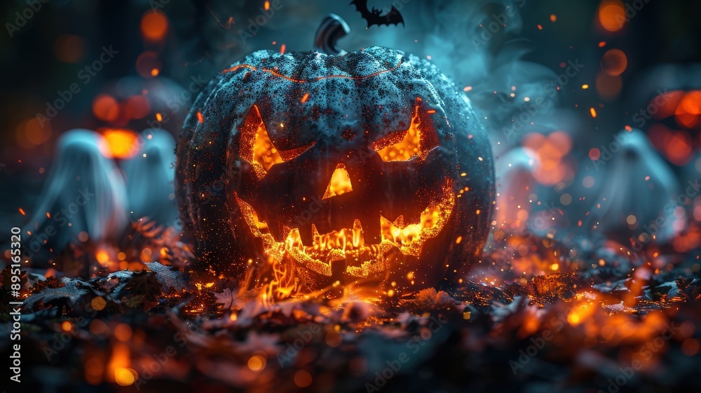 Close-up of a flaming Halloween sign, with a dark ancient castle, bats, ghosts, and terrifying pumpkins in the background under dim moonlight. Close-up of a flaming Halloween sign, with a dark ancient castle, bats, ghosts, and terrifying pumpkins in the background under dim moonlight.