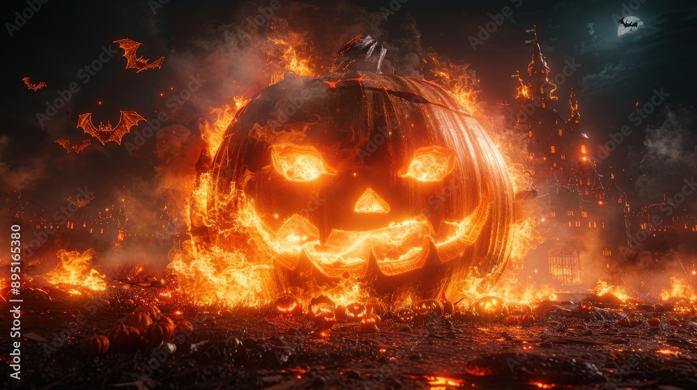 A wooden Halloween sign with fiery letters, dim moonlight illuminating a dark ancient castle, bats flying, and ghosts appearing on pumpkins. A wooden Halloween sign with fiery letters, dim moonlight illuminating a dark ancient castle, bats flying, and ghosts appearing on pumpkins.