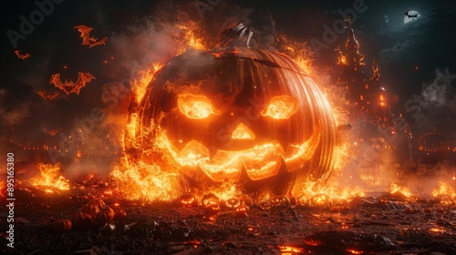 A wooden Halloween sign with fiery letters, dim moonlight illuminating a dark ancient castle, bats flying, and ghosts appearing on pumpkins.