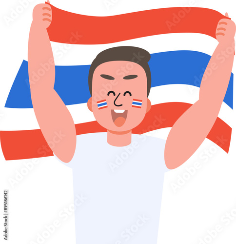 Thailand people cheer happily for sporting victory with national flag.
