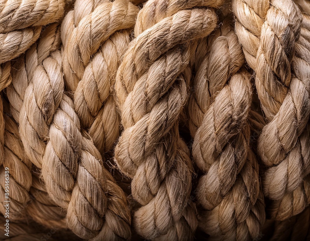 Coarse, fibrous jute rope with visible strands and twists. Coarse, fibrous jute rope with visible strands and twists.